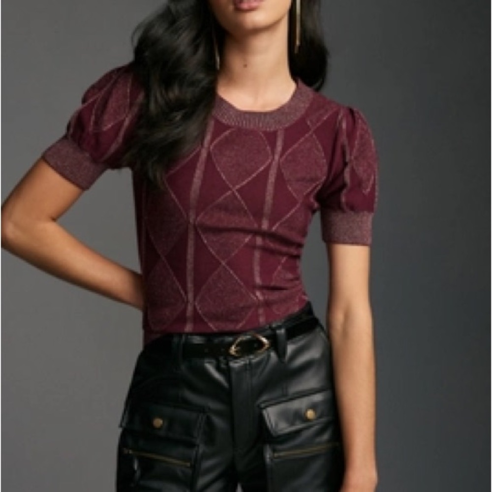 NWT Anthropologie Kachel Lurex Sweater Tee in Wine, size XS